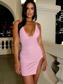 Đầm ngắn bodycon xẻ tà xếp nếp màu trắng cho nữ, thích hợp cho các bữa tiệc, hẹn hò, kỳ nghỉ và các dịp khác - Hồng - Xem 5