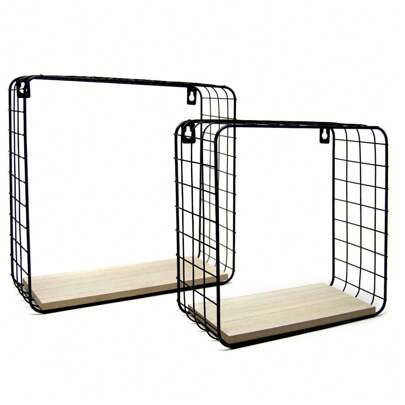 Set 2 Mensole da Parete Moderne Design Quadrato Mensola Scaffale Cubo Struttura in Metallo Nero Ripiano in Legno MDF Varie Dimensioni