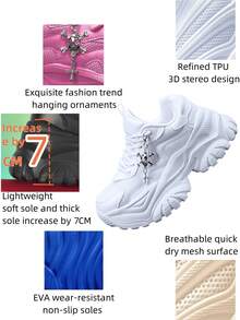 Scarpe sportive casual da donna con tacco alto 7cm, stile gotico con decorazioni in metallo argento a forma di croce e teschio, suola in EVA per uso all'aperto in tutte le stagioni, leggere e ammortizzanti, antiscivolo, bianche, in in rete traspirante e ad asciugatura rapida, con lacci, punta tonda, adatte per studenti, adolescenti, uso quotidiano, appuntamenti, allenamento, ufficio, stile punk