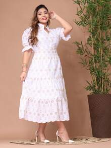 Women's Midi Dress With Embroidered Laise, All-Over Print, Embroidery, Button, Ruffle, Gathered, Formal And Evening - Two-tone White - View 2
