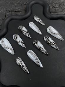10片豹纹朋克风亚克力美甲贴片，可爱黑白长款尖头美甲套装，适合夏秋两季，带有线条艺术和3D金属装饰，Y2K手工镀铬美甲，亮面哥特风假指甲，创意吸血鬼美甲，斑马纹亚克力美甲用品，适合女性和女孩在万圣节佩戴 - 黑與白 - 查看 6