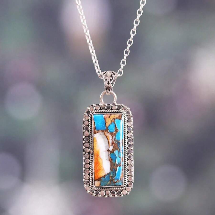 1Pc Exquisite Bohemian Imitation Oyster Turquoise Pattern Zinc Alloy Geometric Pendant Necklace Fashion Personality Men And Women  Street Wear Jewelry Send Relatives And Friends Birthday Holiday Christmas Gift - Silver - View 1