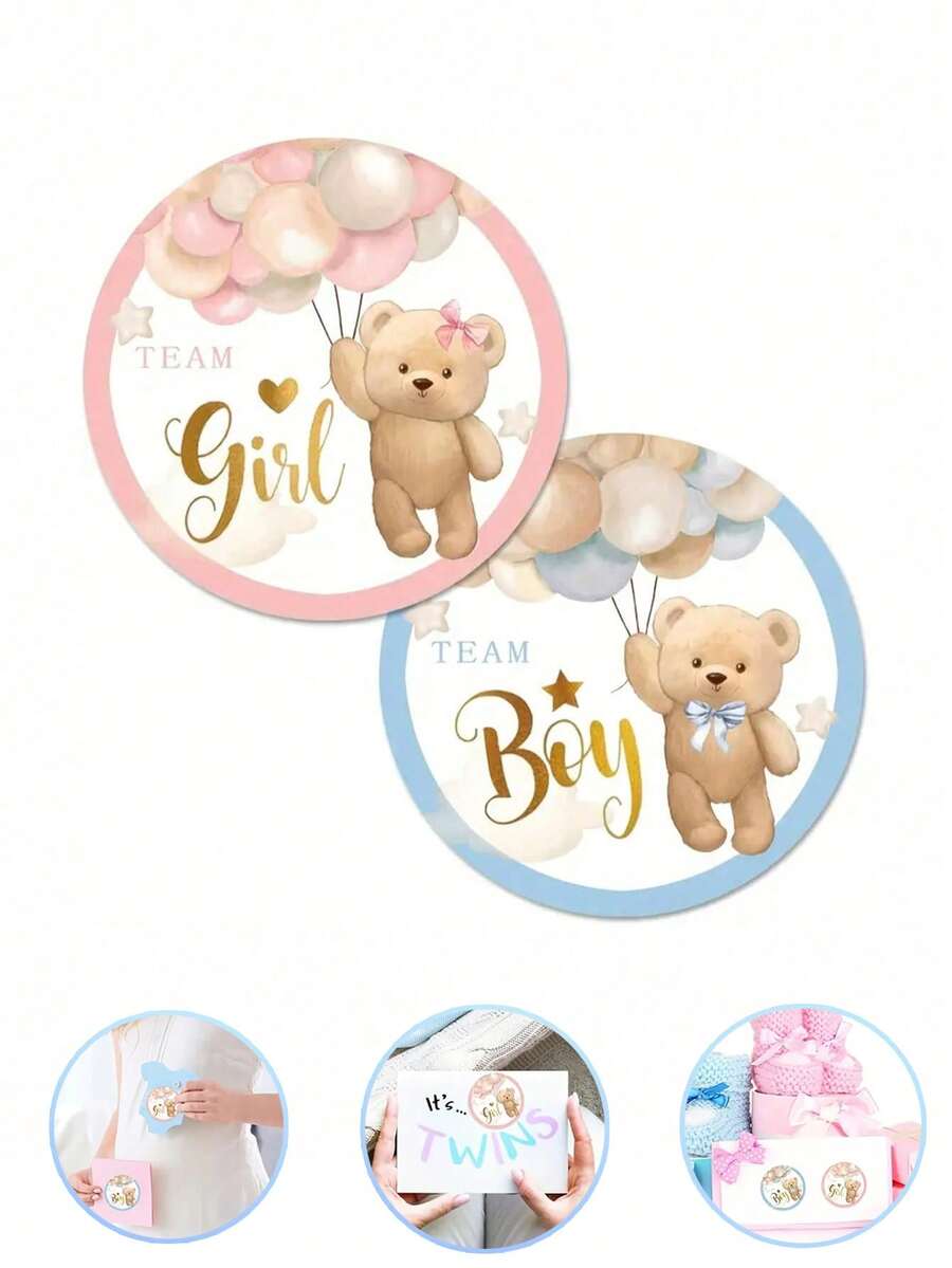 20/40 miếng dán giấy hình gấu dễ thương cuộn giấy tiết lộ giới tính đội bé trai đội bé gái miếng dán giấy màu xanh hồng miếng dán trang trí hình tròn tự dính thích hợp cho tiệc tiết lộ giới tính tiệc chào đón em bé, đồ dùng tiệc tùng, đồ trang trí tiệc chào đón em bé, đồ trang trí sinh nhật - Nhiều màu - Xem 1