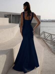 Basrey 藏蓝色吊带高腰修身露背伴娘礼服，美人鱼长裙，适合婚礼、单身派对、度假、晚宴、新娘、白色礼服，春季 - 藏蓝色 - 查看 3