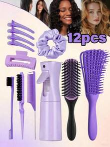 12pcs Hair Brush Set, Includes 200ml Continuous Spray Bottle, High-Quality Wide-Tooth Comb, Scalp Massage Shampoo Brush, Straightening Brush, Edge Brush, Volumizing Brush, Tail Comb, 4pcs Hair Clips And Hair Ties, Hairstyling Tools Set, Hair Accessories - Nine-row Comb 12pcs - View 2