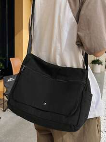 1 件黑色复古简约百搭翻盖单肩包，厚水洗帆布休闲大容量斜挎包，美式学院风挎包，适合学校、短途旅行、简约街头布包 - 黑色 - 查看 9