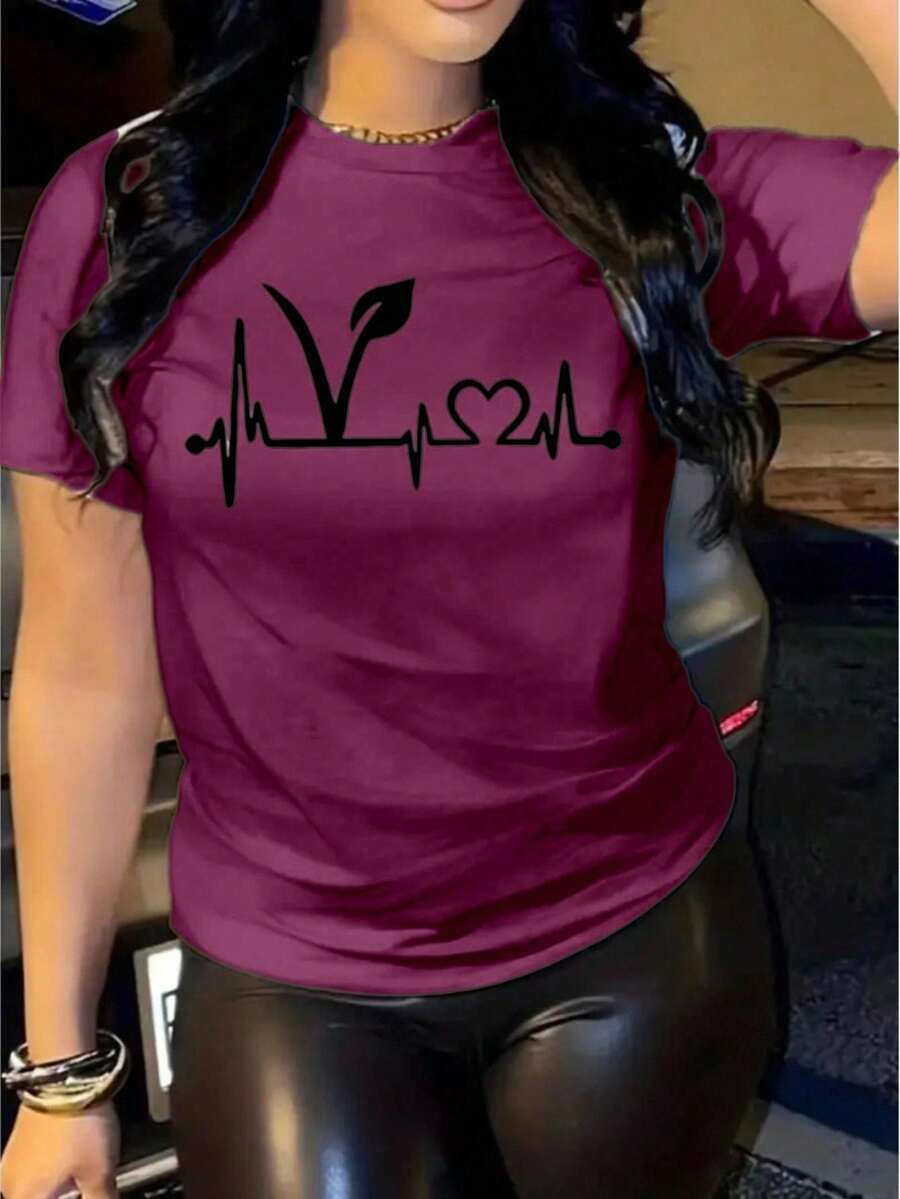 Playera camiseta básica mujer dama cuello redondo manga corta estampado GRAFICO DE  LATIDOS PLANTAS HEART RATE GRAPHIC parte superior elástica de poliéster primavera/verano uso diario | material no transparente | Textura Suave Fortiz - Rojo violeta - Ver 1