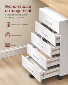 VASAGLE Caisson de Bureau à Roulettes, Meuble de Rangement, Support pour Imprimante, avec 5 Tiroirs, Rails Coulissants, pour Bureau, Télétravail, Blanc Nuage - Blanc - Voir 4