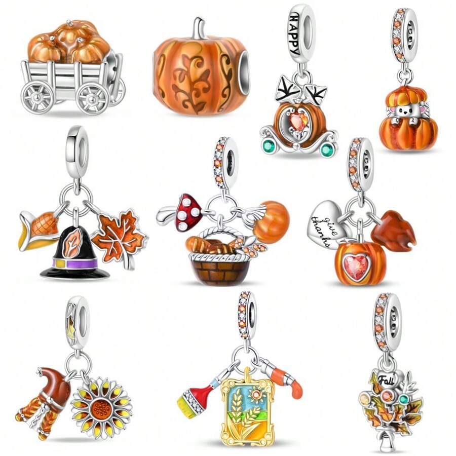 一套镀银丰收季吊坠套装，包括2件秋季向日葵吊坠、秋季花束吊坠、秋日印象吊坠、丰收季吊坠、丰收季南瓜珠、农场南瓜堆珠、快乐南瓜车吊坠、小刺猬南瓜吊坠，以及3件感恩节吊坠套装，适合DIY制作手链和项链，也可作为情侣珠宝礼物。 - 彩色 - 查看 1