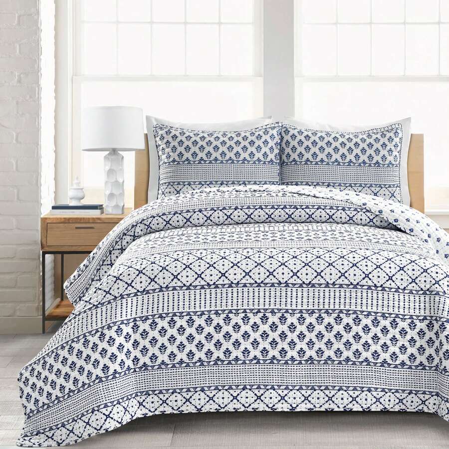 Lush Decor Monique Stripe Quilt Navy/White 3Pc Set Full/Queen Halloween-Fall Decor-Room Decor - Xanh nước biển/Trắng - Xem 1
