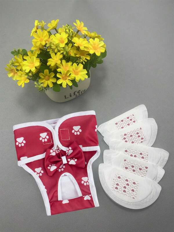 Female Dog Period Diapers For Small Middle Puppy Diapers Female Dogs Pets Cute Footprints 1 Pc Washable Reusable Underwear And 5 Pcs Period Pad