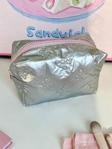 1 件银色蝴蝶结化妆包化妆包化妆包便携式手柄大容量化妆包带拉链，适用于旅行和度假必需品，用于卫生巾、袋垫、有线耳机、耳机、充电器、口红、化妆品、香水、化妆刷架收纳袋、护肤和美容产品，适用于女性、学生、女学生、钥匙、节日礼物返校礼物旅行必需品包，用于学校用品女士旅行包 - 銀色 - 查看 13