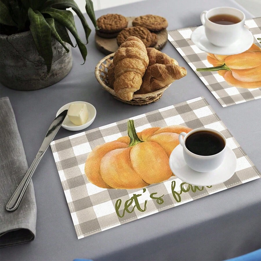 1 pieza/4 piezas/6 piezas Manteles individuales de lino con estampado de calabaza, adecuados para la mesa de comedor, decoración para todas las estaciones, manteles de mesa modernos y lavables, decoración de habitaciones, posavasos, manteles de cocina y comedor, decoración de fiestas interiores y exteriores, decoración del hogar, regalo ideal