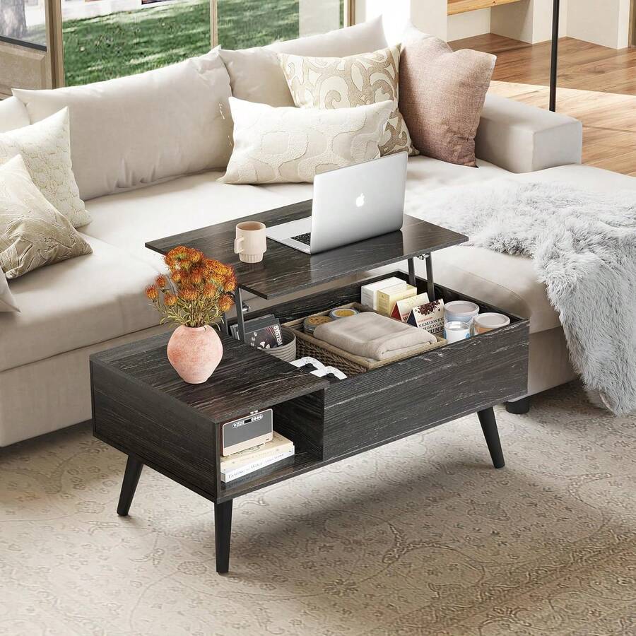 Rustic Style Furniture Table 39" Lift Top Coffee Table With Storage Shelf Hidden Compartment Living Room Center Table Small Dining Table Space-Saving Organizer - Black Oak - 查看 1