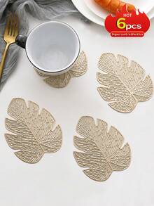 6 piezas de posavasos minimalistas de hoja de Monstera de PVC dorado, lavables, fáciles de limpiar, antideslizantes, resistentes al calor, manteles de mesa de comedor, manteles individuales elegantes, manteles individuales de PVC, decoración de mesa, manteles de cocina y comedor, decoración de boda y festividades - Dorado - Ver 6
