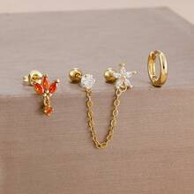 Set de 3 piezas de aretes de aro abrazador con flores de circonita chapadas en oro de 18K, aretes de cartílago Helix Daith de doble orificio con cadena, regalo de joyería para niñas - Flor3 - Ver 12