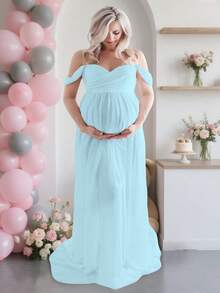 Maternity Off-Shoulder Thigh Slit Floor-Length Dress - Blue - View 3