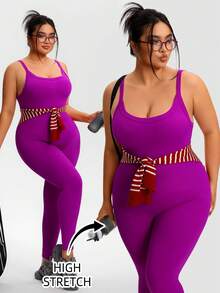 Plus Size Women Seamless High Elasticity Sports Jumpsuit, Backless Sexy Outdoor Fitness Yoga Wear, Solid Color, Slim Fit, Daily Wear - 紫色 - 查看 8