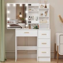 INS Cream Style  Scandinavian Solid Wood LED Makeup Mirror Desk - Dimmable LED Light, Large Drawer With Partition | 1-Piece Workstation For Girly Princess Vibe | Neat Storage For Cosmetics & Skincare | Fresh Aesthetic, In Stock & Fast Shopping