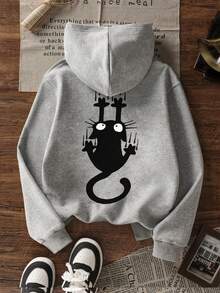 1件少女卡通猫咪印花保暖连帽卫衣，适合秋冬季穿着 - 灰色 - 查看 3