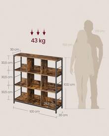 Libreria a 3 Ripiani, Libreria Scaffale a 9 Scomparti, per Soggiorno, Studio, Cucina, Camera da Letto, 30 x 100 x 103,1 cm, Marrone Vintage e Nero - Marrone Vintage e Nero - Visualizzare 5