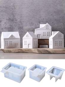 2PCS/Set European House Storage Box Silicone Mold, DIY Creative Simple House Candle Cup Plaster Mold, Home Decoration Gift Ornaments Epoxy Resin Mold, Handicraft Production Epoxy Resin Casting Molds - White - View 2