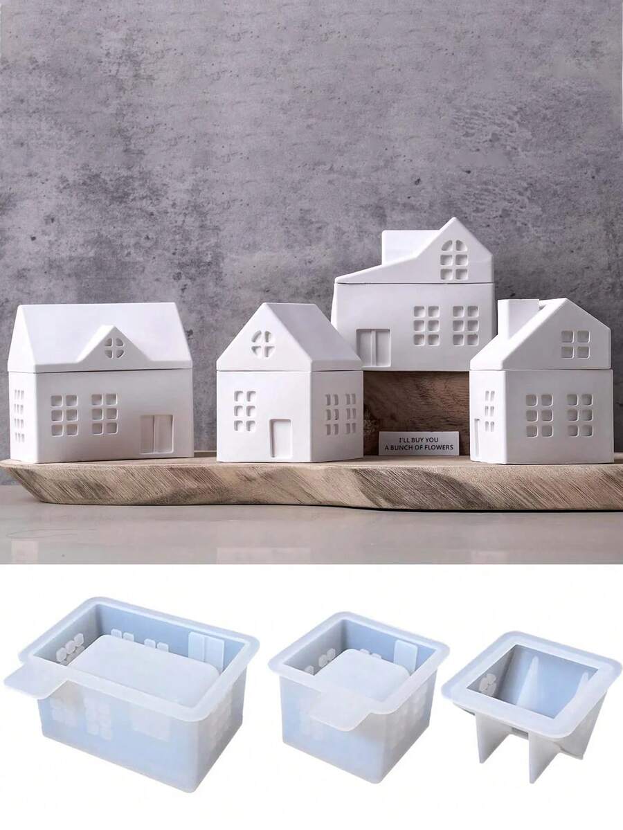 2PCS/Set European House Storage Box Silicone Mold, DIY Creative Simple House Candle Cup Plaster Mold, Home Decoration Gift Ornaments Epoxy Resin Mold, Handicraft Production Epoxy Resin Casting Molds