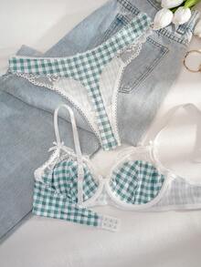 1 套女士薄荷绿格子印花蕾丝花边文胸套装
