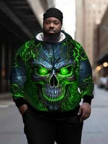 男士加大码夜光骷髅头3D印花卫衣，时尚休闲套头衫，适合户外、跑步、健身、娱乐、秋季穿着，长袖上衣 - 彩色 - 查看 4