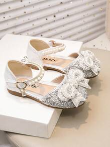 1 Pair Fashion Princess Shoes For Girls, Summer New Design With Bow Buckle, Closed Toe And Rhinestone Decor, Suitable For Outdoor Activities, Parties And Various Occasions