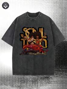 Washed, Soul Train Retro Fan Design - Soul Train Exquisite Letter Pattern T-Shirt, Couple Men's Short Sleeved Printed T-Shirt, Round Neck High Street Pure Cotton Short Sleeved T-Shirt, Fashionable And T-Shirt, Holiday Gift - 黑色 - 查看 1