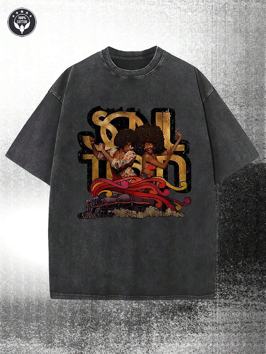 Washed, Soul Train Retro Fan Design - Soul Train Exquisite Letter Pattern T-Shirt, Couple Men's Short Sleeved Printed T-Shirt, Round Neck High Street Pure Cotton Short Sleeved T-Shirt, Fashionable And T-Shirt, Holiday Gift - 黑色 - 查看 1