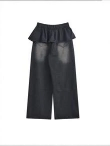 黑灰色二合一牛仔裙裤，宽松喇叭腿设计，百搭，秋季新品 - 黑色 - 查看 4