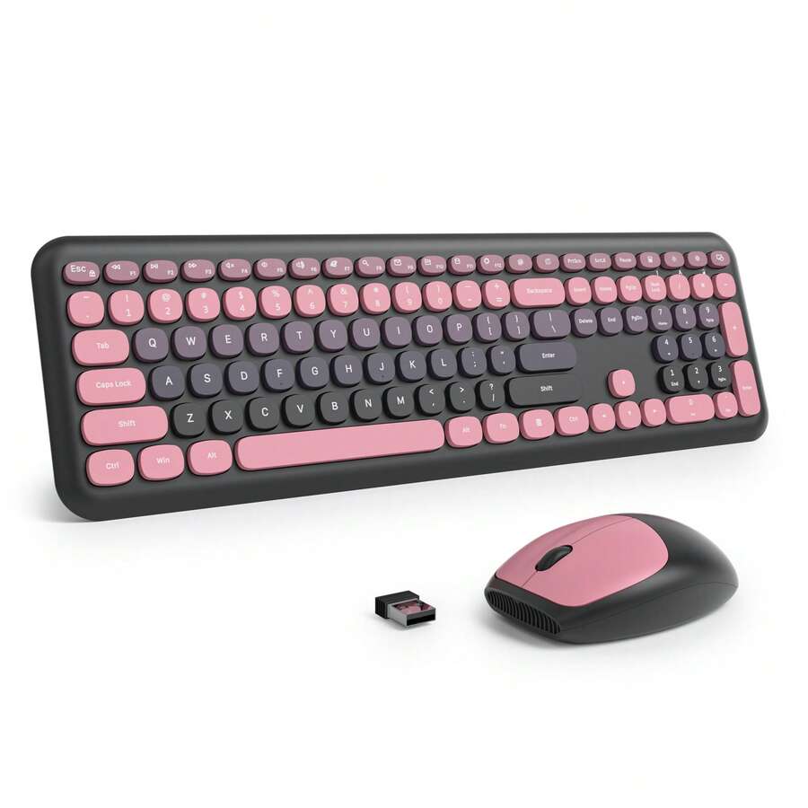 Quiet Wireless Keyboard And Mouse, Retro Typewriter-Style Full-Size Colorful Keyboard And Mouse Combo, Slim Design, Low-Noise Typing For Windows PC Laptop - 玫紅色 - 查看 1