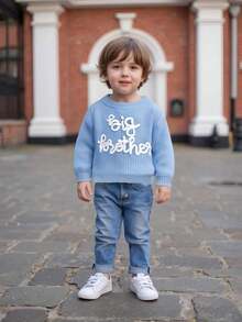 Toddler Boys Knitted Jumper Big Bro Letter Embroidery Round Neck Pullover Sweater Baby Warm Knit Tops Pullover Knitwear - 天藍 - 查看 3