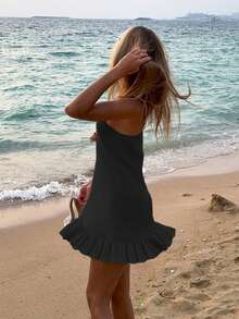 女士夏季简约海滩度假镂空性感罩衫吊带背心短款连衣裙 - 黑色 - 查看 5