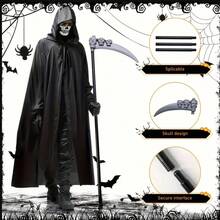 一套最佳角色扮演服装，包括黑色长披风、骷髅手套和道具镰刀，适合圣诞节、愚人节和其他派对活动的服装设计。 - 彩色 - 查看 3