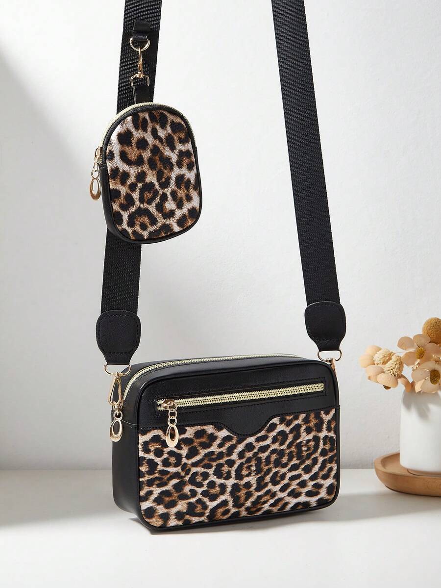 1pc Girls' Mini Wave Pattern Embossed Letter Pouch, Phone Wallet Coin Purse - Leopard Black and Brown - View 1