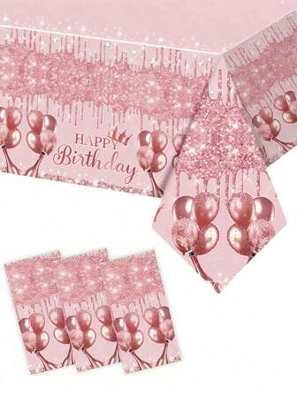 1pc, Pink Plastic Tablecloth, Kids Happy Birthday Party Disposable Tablecloth, Sparkling Diamond Pattern Tablecloth, Girl Birthday Party Decoration, Table Cover