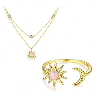 1 stuk 925 sterling zilveren zon en maan verstelbare ring gouden ketting delicate opaal sieradenset voor vrouwen meisjes feest sieraden cadeau