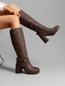 女式粗跟厚底及膝靴方头侧拉链可调节带扣装饰摩托车骑行靴棕色靴子 - 棕色 - 查看 3