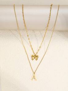 2 件欧美时尚简约不锈钢蝴蝶结吊坠项链，26 个字母吊坠项链套装，适合女性日常和派对佩戴 - 項鍊 - 查看 5