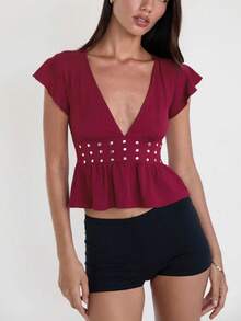 Women's Y2k Studded Tank Tops Solid Color Flying Sleeve Deep V Neck Ruffle Hem Slim Fit Vest Crop Tops Summer Cute Going Out Tops Shirts Party Club Streetwear - Burgundy - View 3