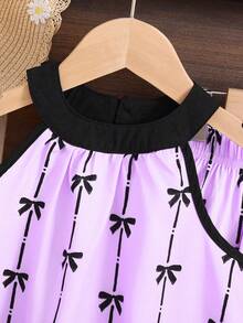 女童优雅蝴蝶印花露背背心+阔腿裤两件套，法式奢华风格，百搭外出派对，法式时尚童装，蝴蝶印花阔腿裤套装，优雅童装，高端造型 - 紫色 - 查看 3