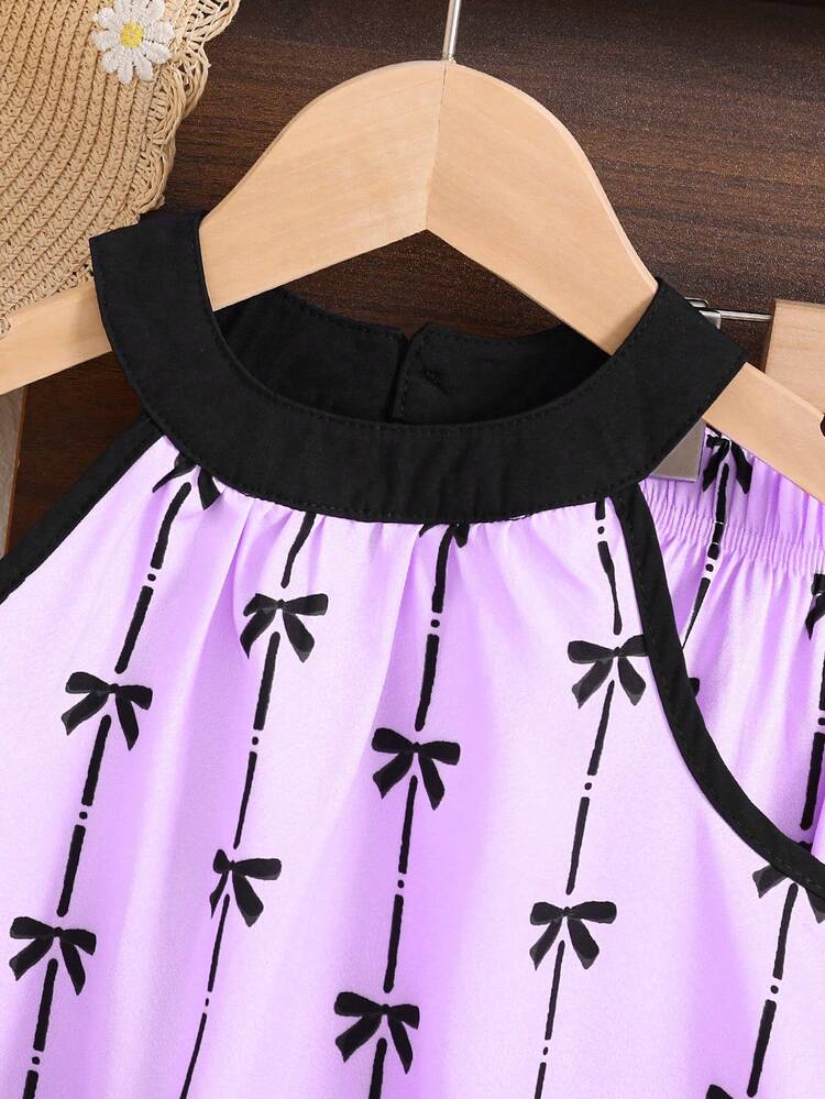 女童优雅蝴蝶印花露背背心+阔腿裤两件套，法式奢华风格，百搭外出派对，法式时尚童装，蝴蝶印花阔腿裤套装，优雅童装，高端造型 - 紫色 - 查看 3