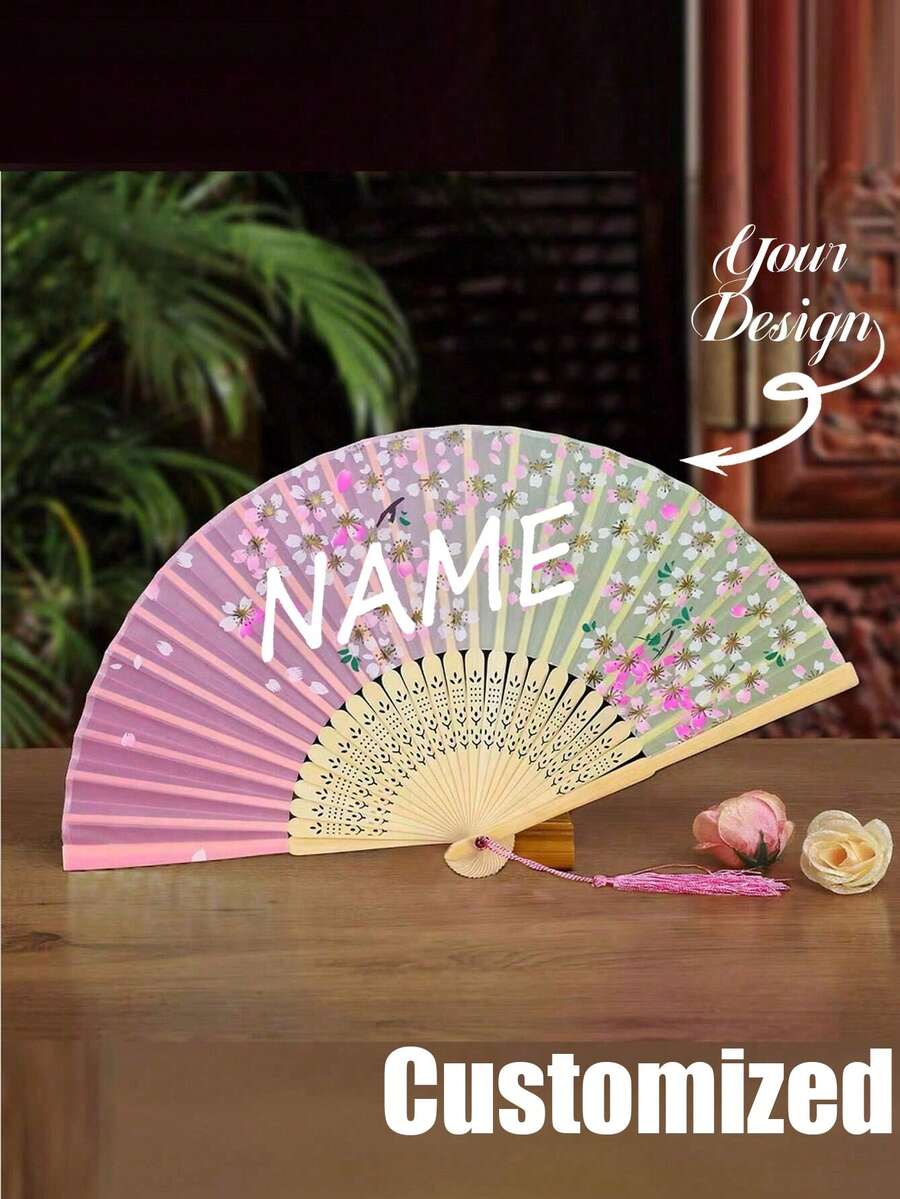 Custom Pink Floral Pattern Decorative Folding Chinese Fan, Customizable Name Chinese Folding Fan With Tassel, Suitable For Party, Dance - Multicolor - View 1