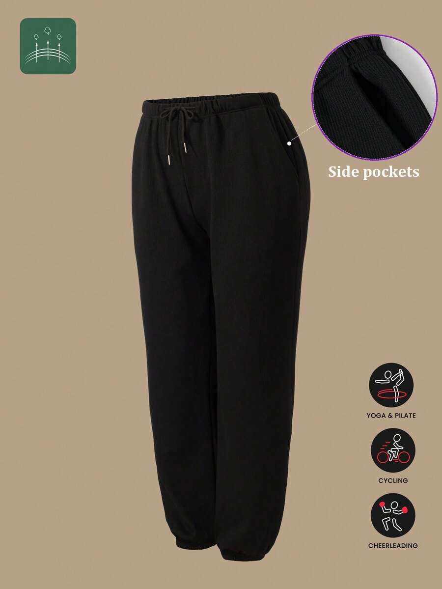 Plus Size Women's Drawstring Pockets Sports Leggings, Suitable For Fitness, Jogging, Outdoor Leisure, All Season - Black - View 1