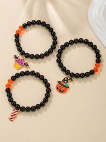 3 peças/Conjunto Pulseira Gótica de Halloween, Conjunto de Pulseira com Pingente de Vidro, Acrílico, Zircônia Cúbica em Formato de Abóbora, Fantasma, Lápide, Cruz, Gato Preto, Teia de Aranha, Milho de Doce, Adequado para Homens e Mulheres, Uso Diário, Festa de Halloween, Presente de Festival