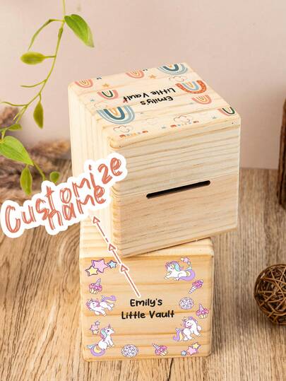 Personalized Wooden Coin Bank Custom Name Rainbow Unicorn Piggy Bank Children Gift With Slot Keepsake Memory Box For Boys Girls Cute Decorative Safe Wooden Vault Multicolor Design Perfect For Birthday Christmas Holidays School Reward Gift, First Birthday Gift