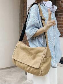 大容量水洗帆布斜挎包，男士简约休闲单肩包，休闲，学生大容量帆布翻盖斜挎包，纯色